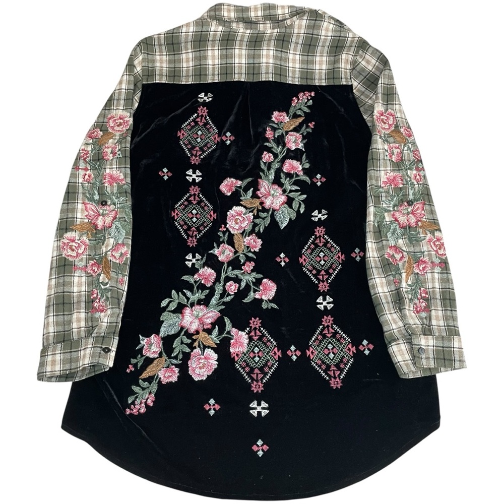 Paparazzi‎ Velvet Floral Embroidered Back Plaid Flannel Western Boho Shirt Large - Picture 12 of 12